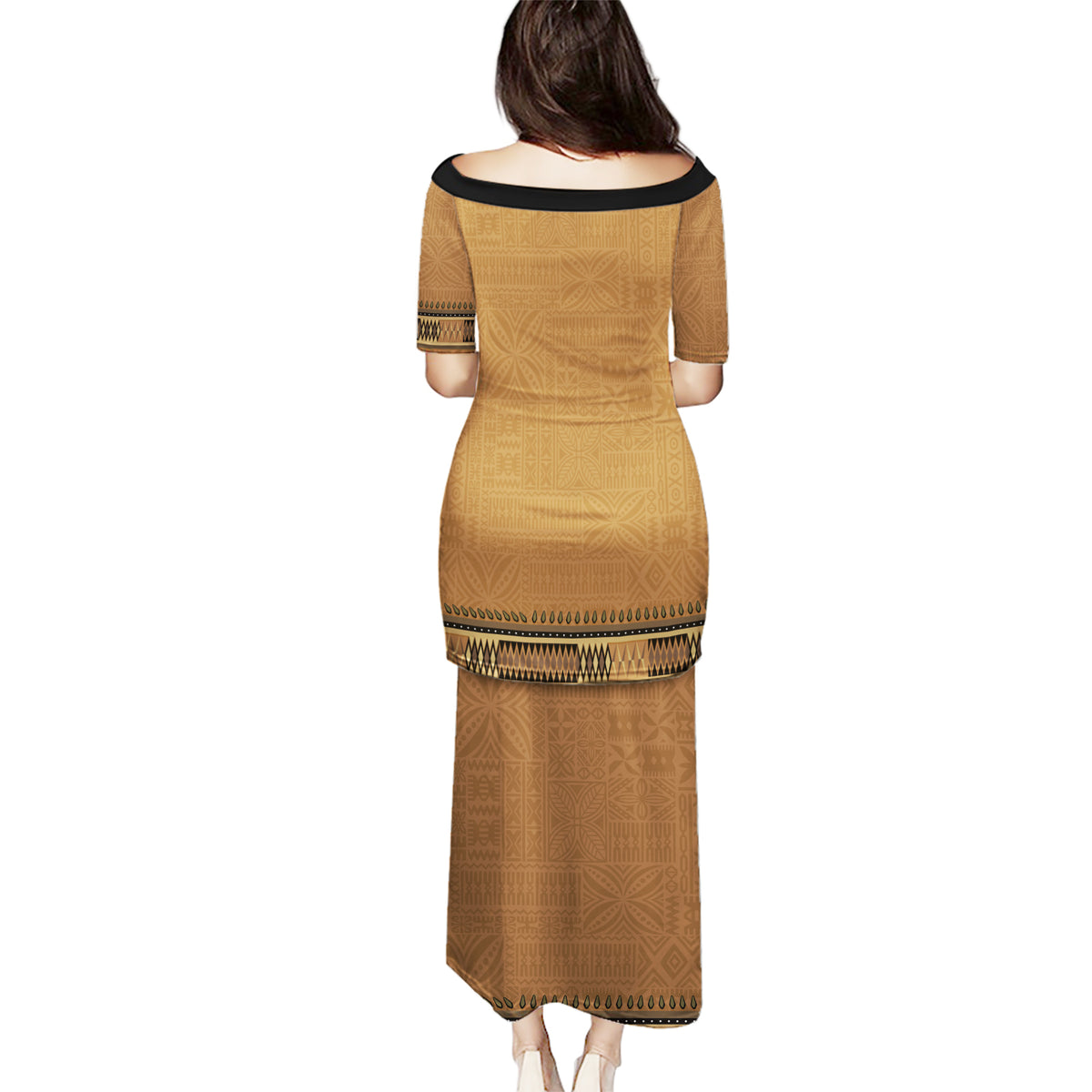 Brown African Dashiki With Fijian Tapa Pattern Puletasi