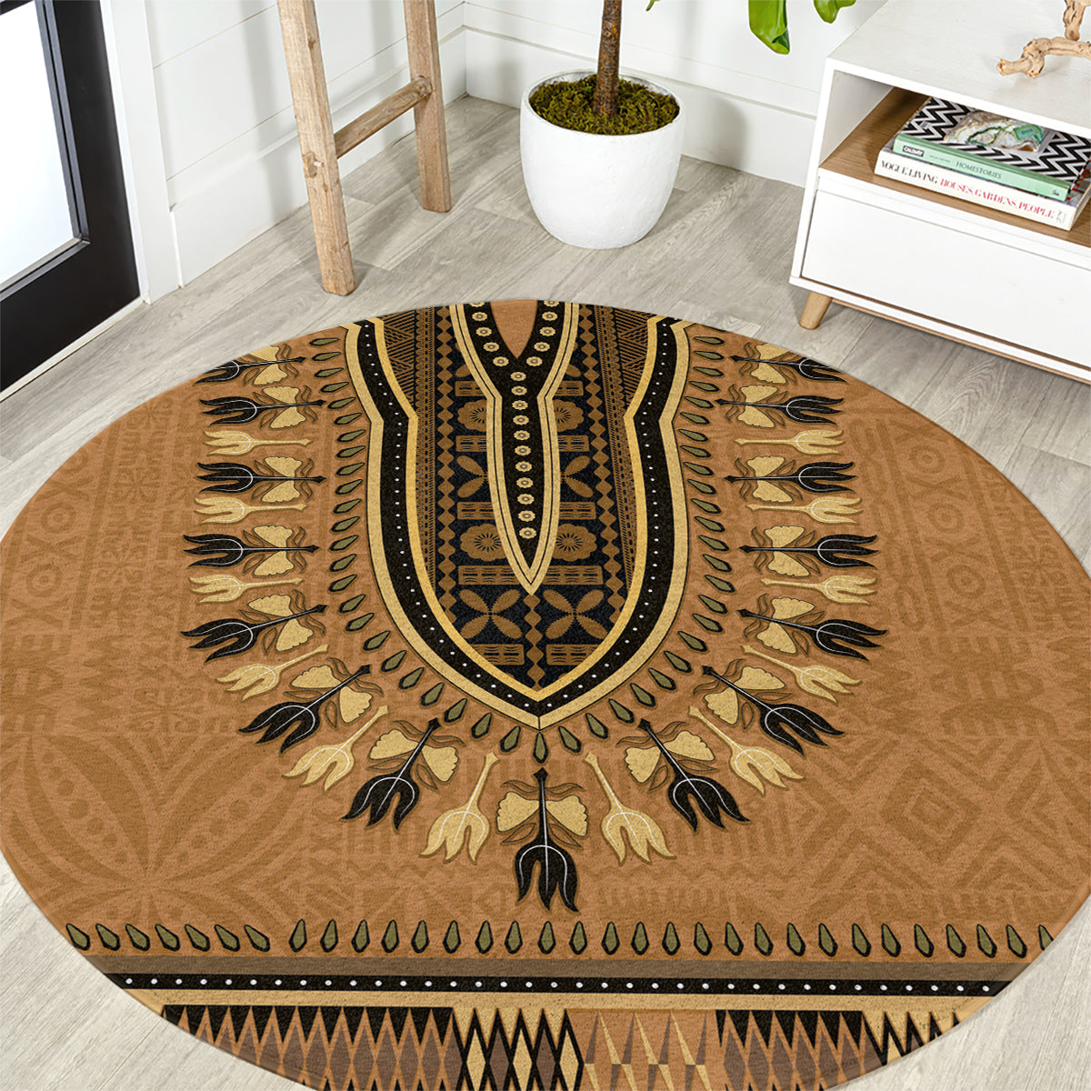 Brown African Dashiki With Fijian Tapa Pattern Round Carpet LT14 Brown - Polynesian Pride