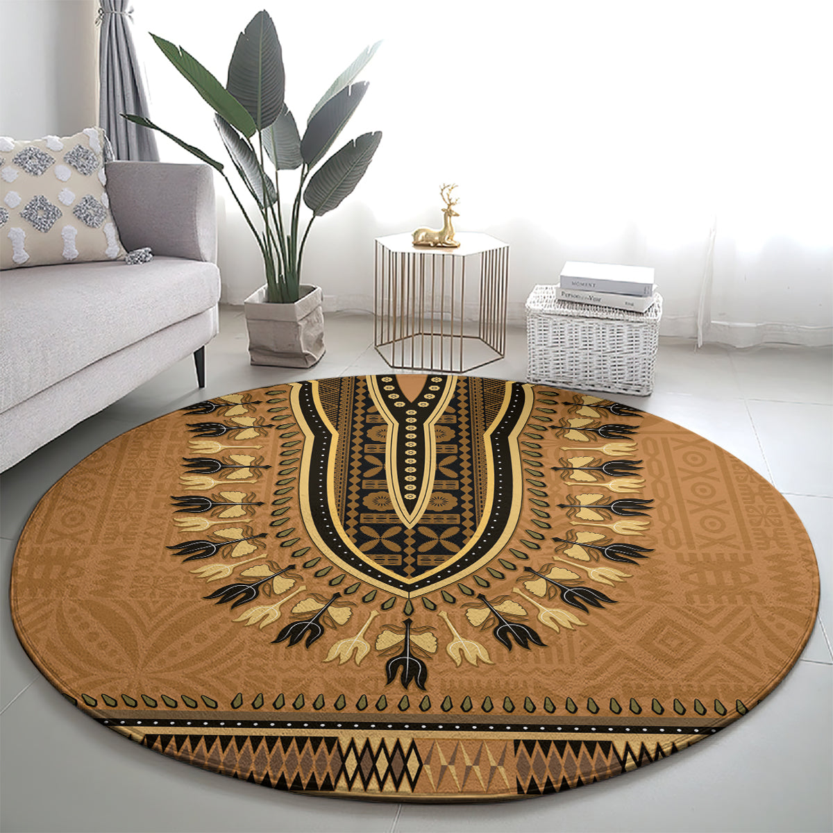 Brown African Dashiki With Fijian Tapa Pattern Round Carpet LT14 - Polynesian Pride