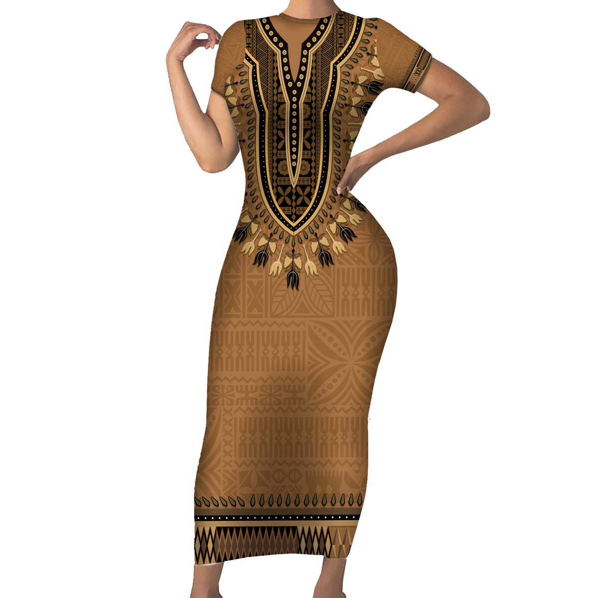 Brown African Dashiki With Fijian Tapa Pattern Short Sleeve Bodycon Dress