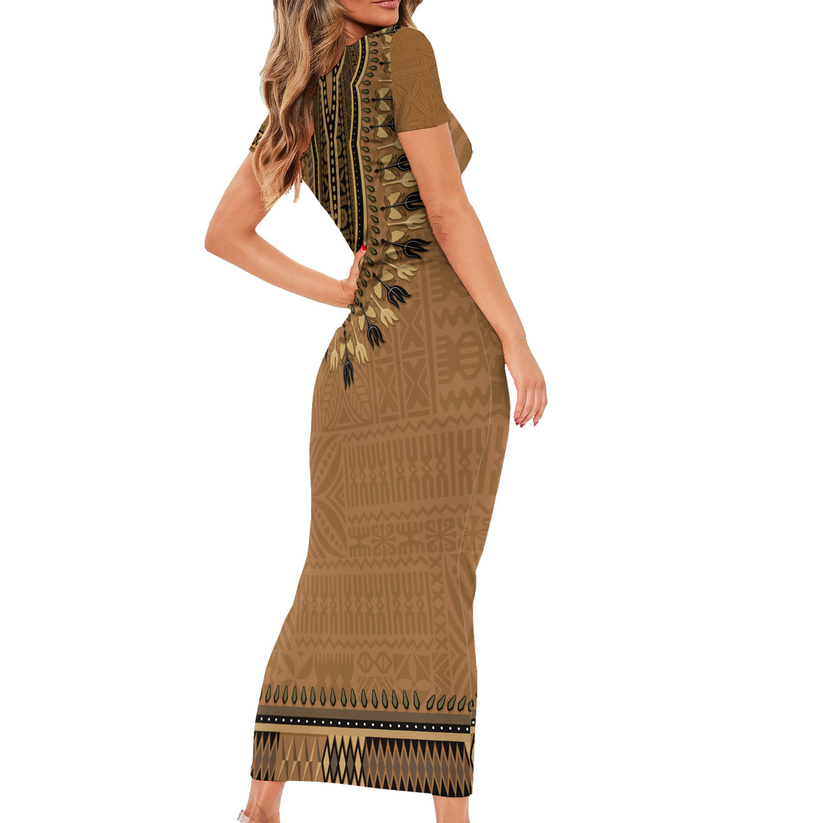 Brown African Dashiki With Fijian Tapa Pattern Short Sleeve Bodycon Dress