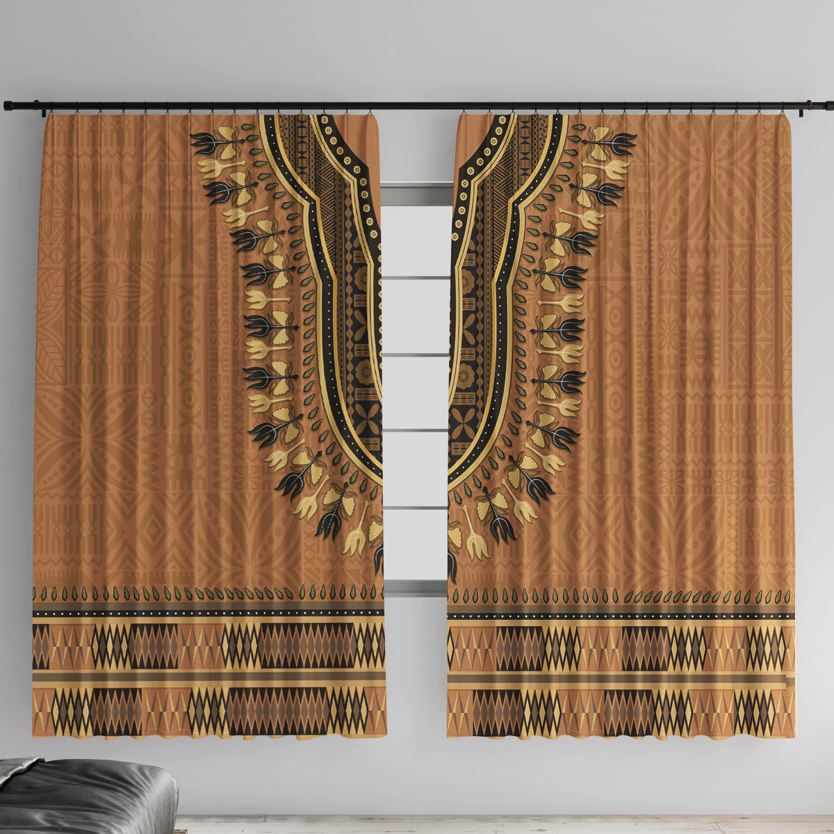 Brown African Dashiki With Fijian Tapa Pattern Window Curtain