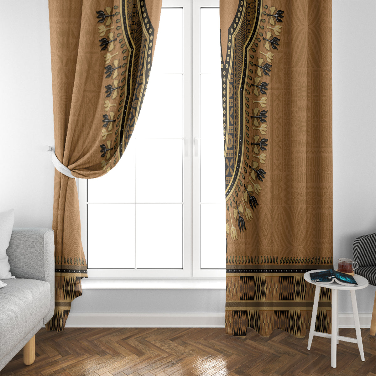 Brown African Dashiki With Fijian Tapa Pattern Window Curtain LT14 - Polynesian Pride