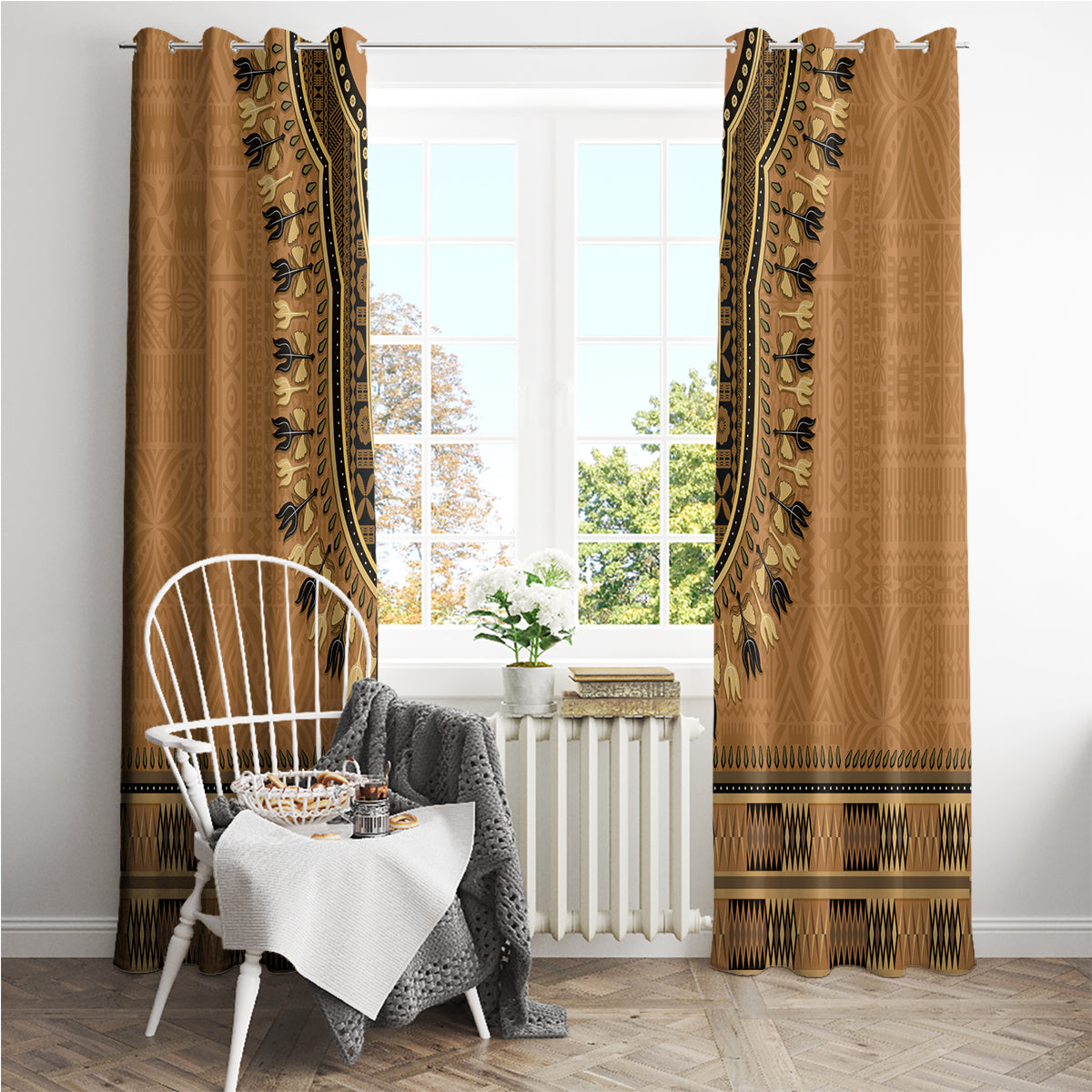 Brown African Dashiki With Fijian Tapa Pattern Window Curtain LT14 - Polynesian Pride