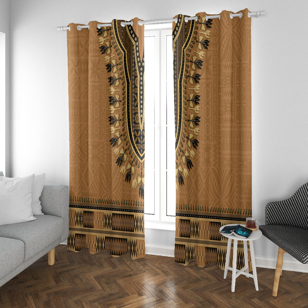 Brown African Dashiki With Fijian Tapa Pattern Window Curtain LT14 With Grommets Brown - Polynesian Pride