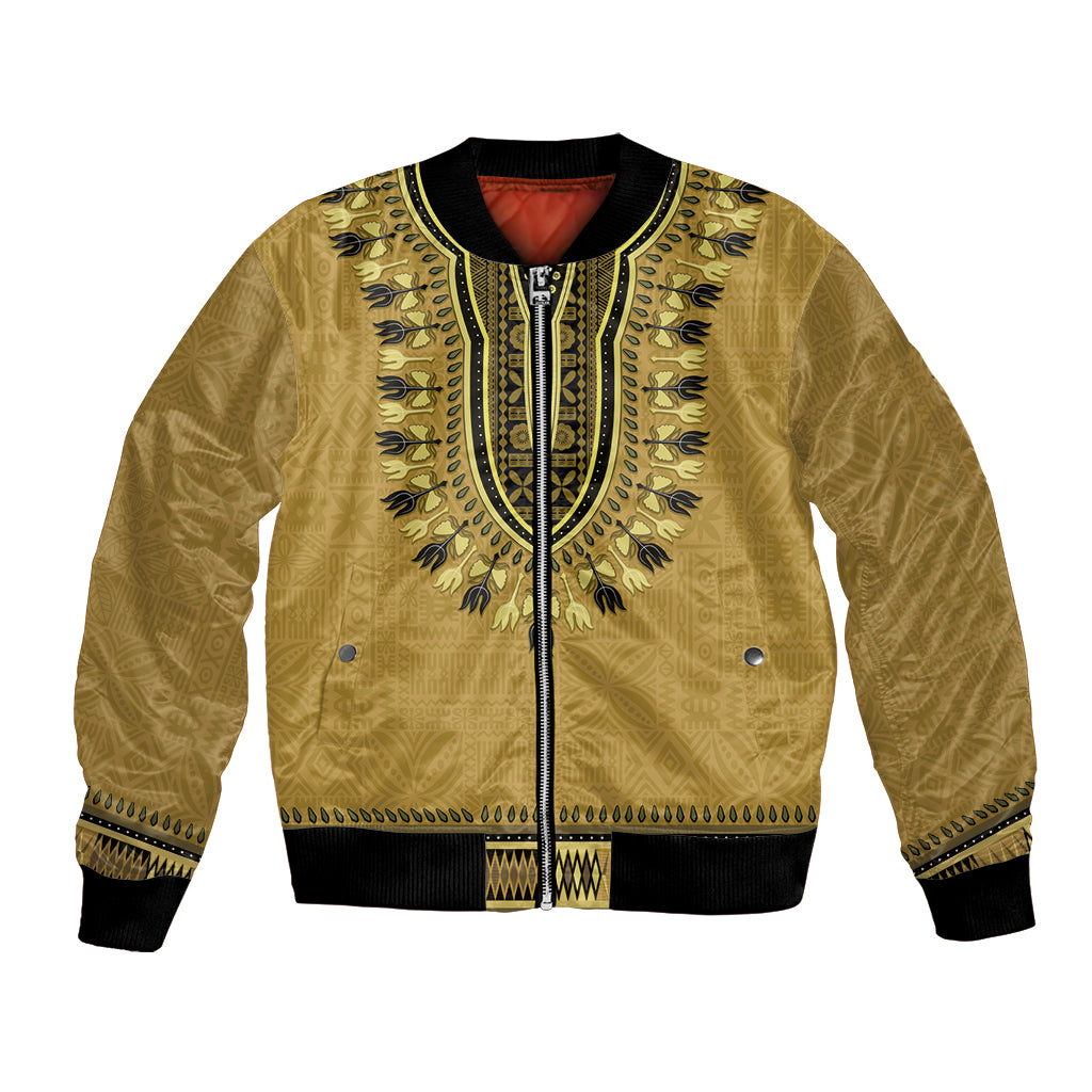 Gold African Dashiki With Fijian Tapa Pattern Bomber Jacket LT14 Unisex Gold - Polynesian Pride