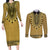 Gold African Dashiki With Fijian Tapa Pattern Couples Matching Long Sleeve Bodycon Dress and Long Sleeve Button Shirt