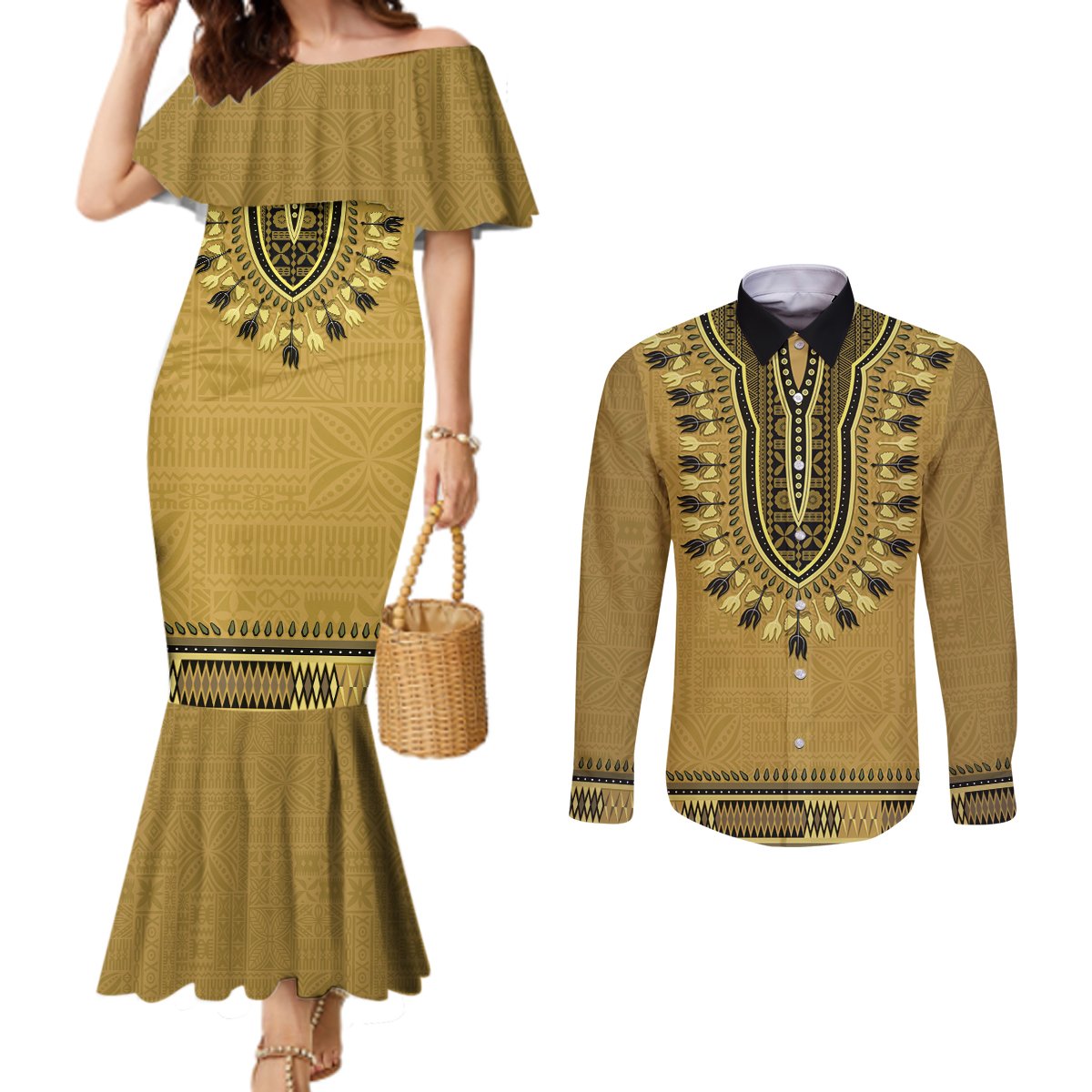 Gold African Dashiki With Fijian Tapa Pattern Couples Matching Mermaid Dress and Long Sleeve Button Shirt LT14 Gold - Polynesian Pride
