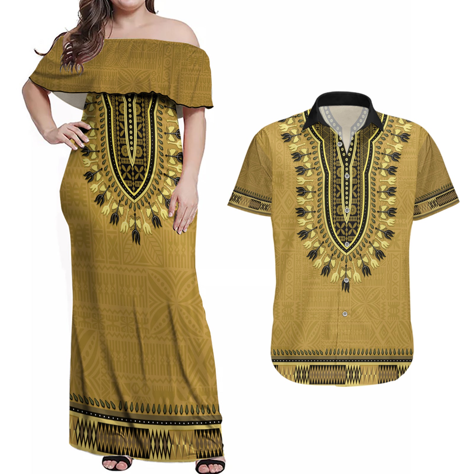 Gold African Dashiki With Fijian Tapa Pattern Couples Matching Off Shoulder Maxi Dress and Hawaiian Shirt LT14 Gold - Polynesian Pride