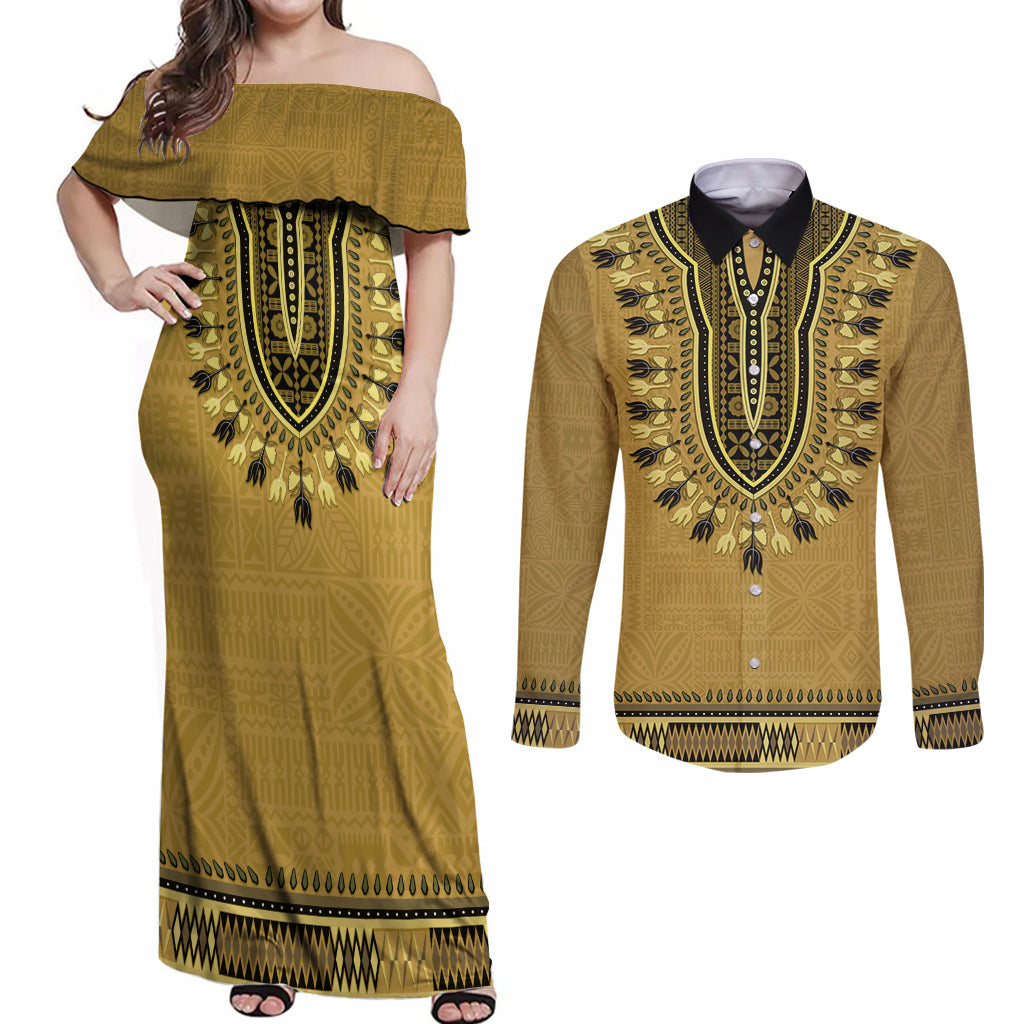 Gold African Dashiki With Fijian Tapa Pattern Couples Matching Off Shoulder Maxi Dress and Long Sleeve Button Shirt LT14 Gold - Polynesian Pride