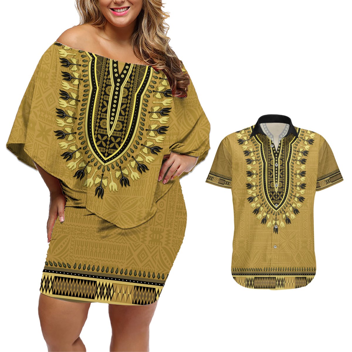 Gold African Dashiki With Fijian Tapa Pattern Couples Matching Off Shoulder Short Dress and Hawaiian Shirt LT14 Gold - Polynesian Pride