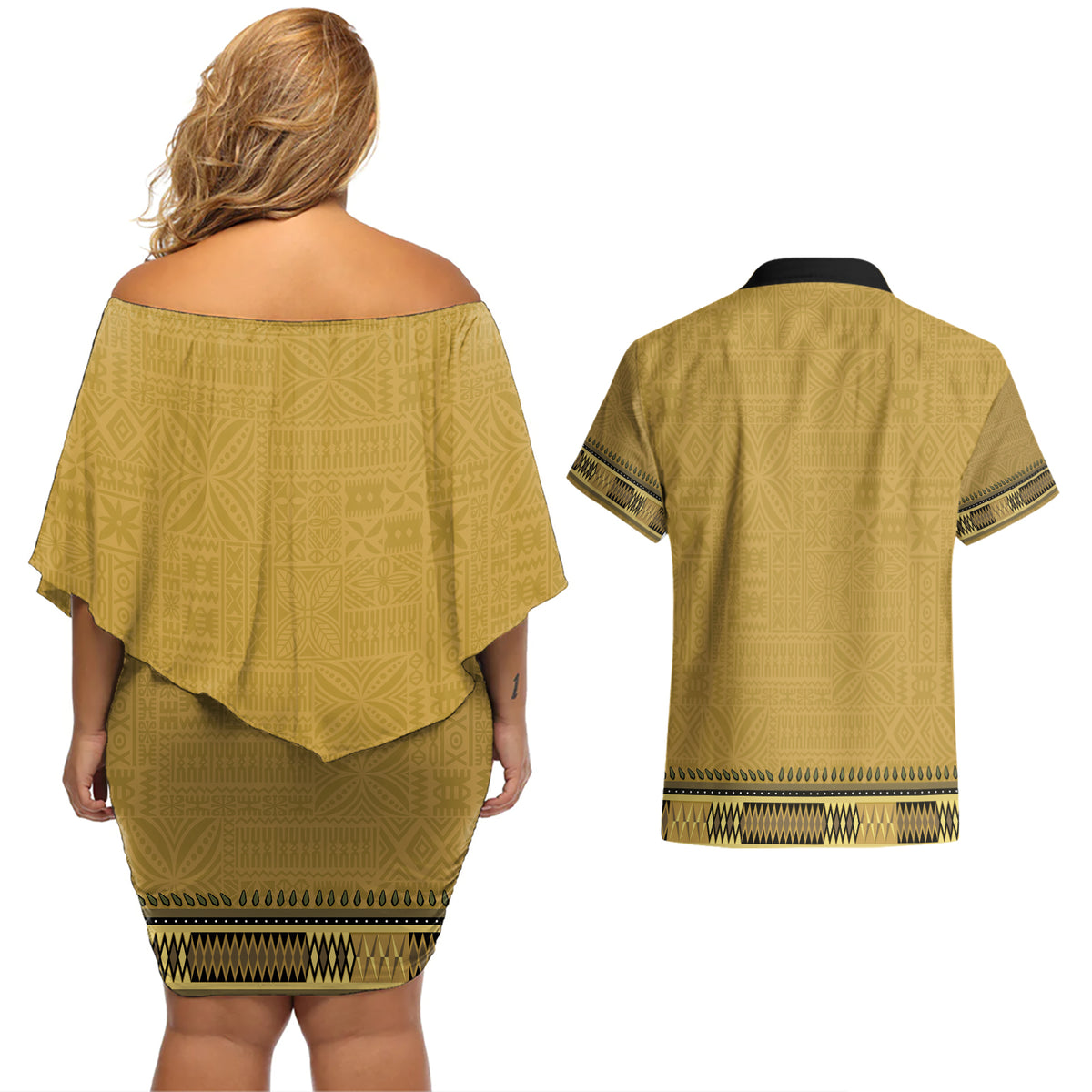 Gold African Dashiki With Fijian Tapa Pattern Couples Matching Off Shoulder Short Dress and Hawaiian Shirt