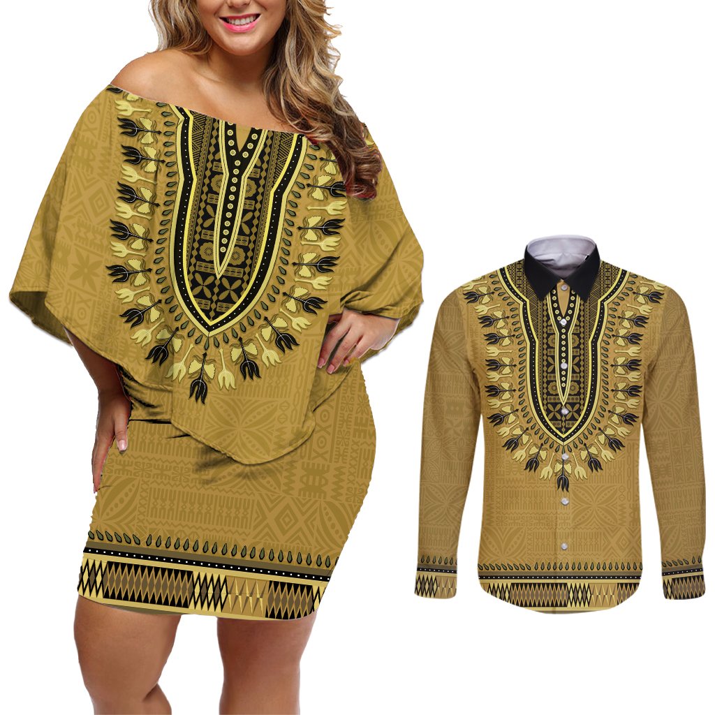 Gold African Dashiki With Fijian Tapa Pattern Couples Matching Off Shoulder Short Dress and Long Sleeve Button Shirt LT14 Gold - Polynesian Pride