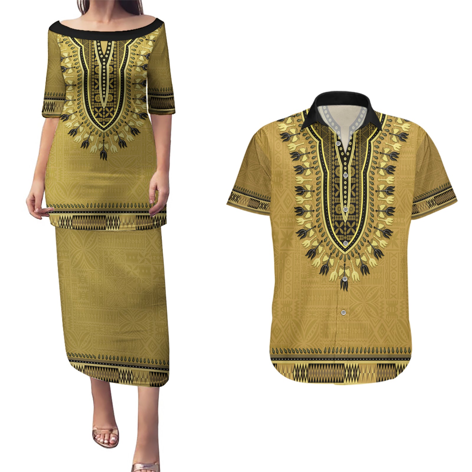 Gold African Dashiki With Fijian Tapa Pattern Couples Matching Puletasi and Hawaiian Shirt LT14 Gold - Polynesian Pride