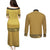 Gold African Dashiki With Fijian Tapa Pattern Couples Matching Puletasi and Long Sleeve Button Shirt