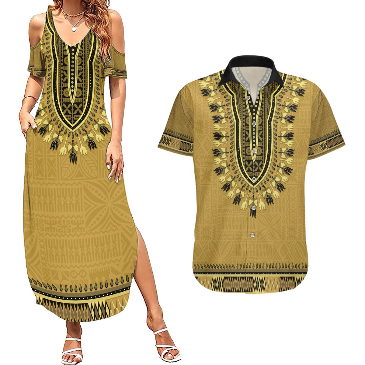 Gold African Dashiki With Fijian Tapa Pattern Couples Matching Summer Maxi Dress and Hawaiian Shirt LT14 Gold - Polynesian Pride