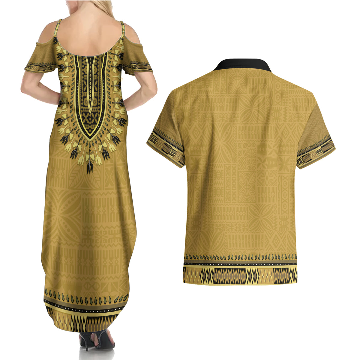 Gold African Dashiki With Fijian Tapa Pattern Couples Matching Summer Maxi Dress and Hawaiian Shirt