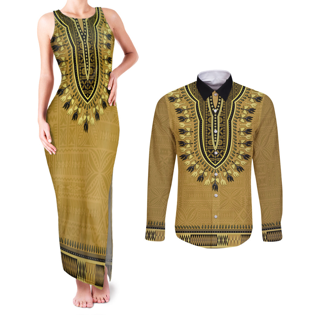 Gold African Dashiki With Fijian Tapa Pattern Couples Matching Tank Maxi Dress and Long Sleeve Button Shirt LT14 Gold - Polynesian Pride
