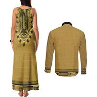 Gold African Dashiki With Fijian Tapa Pattern Couples Matching Tank Maxi Dress and Long Sleeve Button Shirt