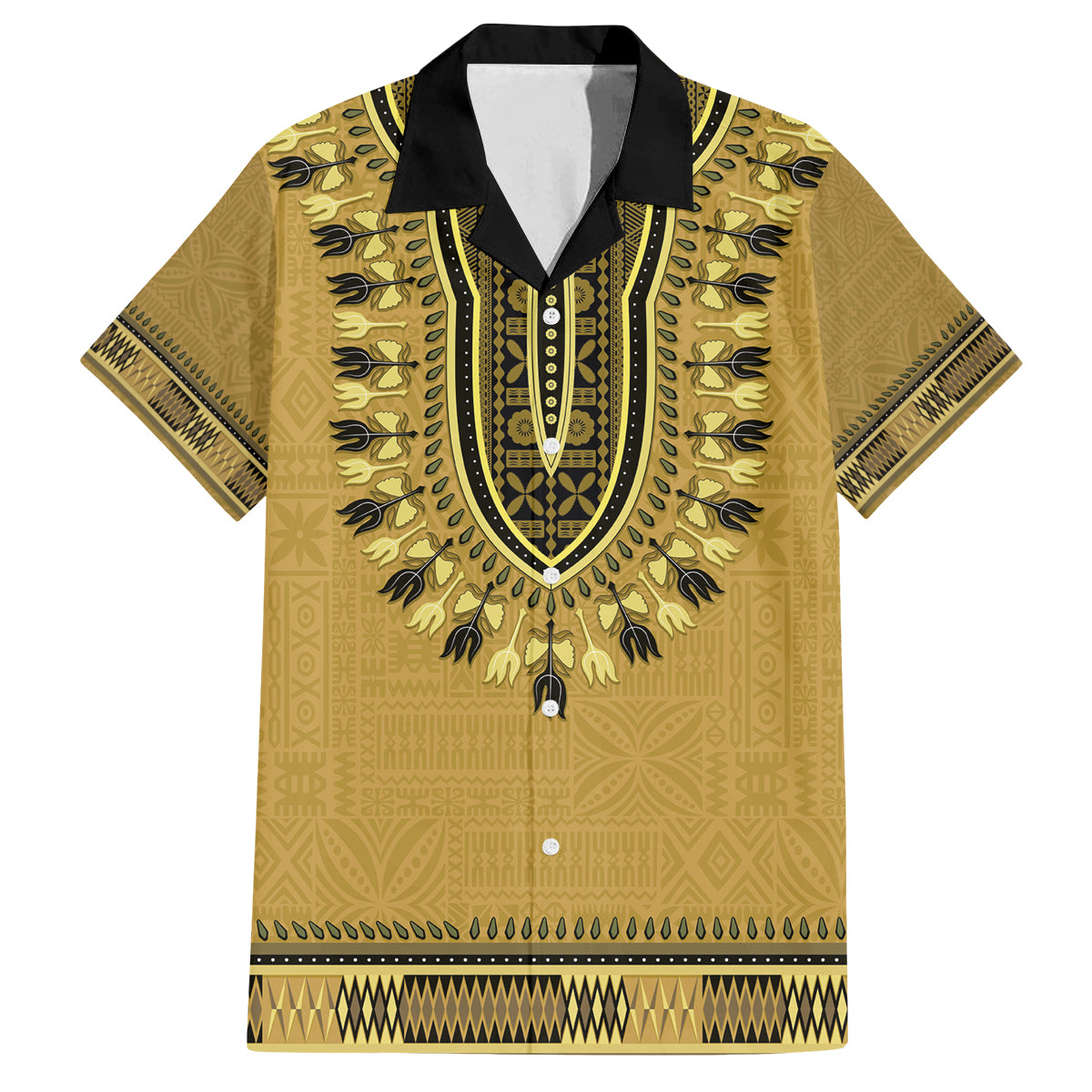 Gold African Dashiki With Fijian Tapa Pattern Family Matching Long Sleeve Bodycon Dress and Hawaiian Shirt