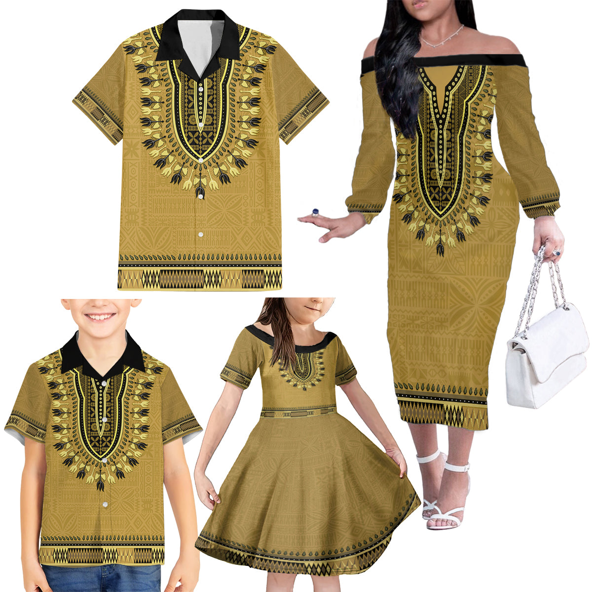 Gold African Dashiki With Fijian Tapa Pattern Family Matching Off The Shoulder Long Sleeve Dress and Hawaiian Shirt LT14 - Polynesian Pride