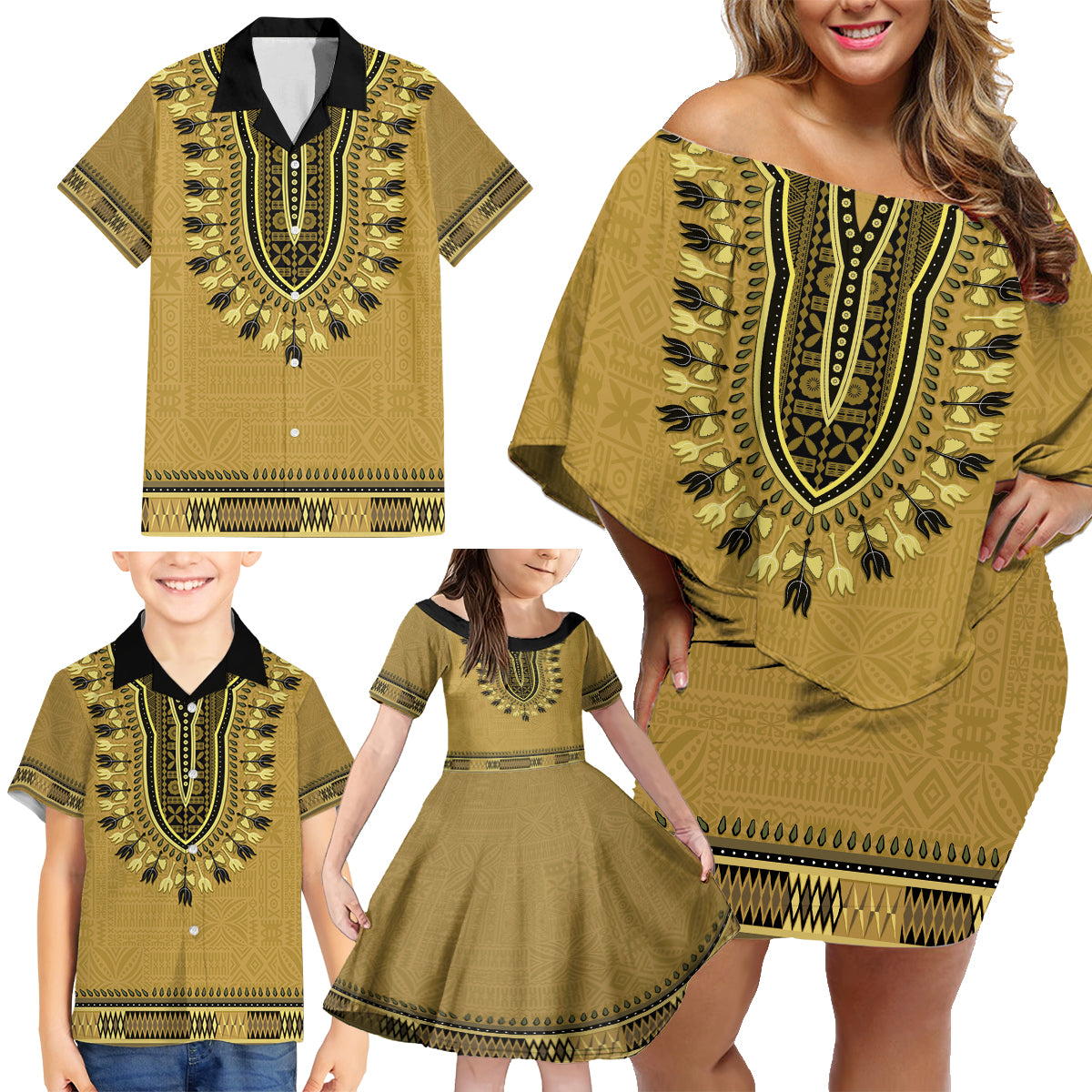 Gold African Dashiki With Fijian Tapa Pattern Family Matching Off Shoulder Short Dress and Hawaiian Shirt LT14 - Polynesian Pride
