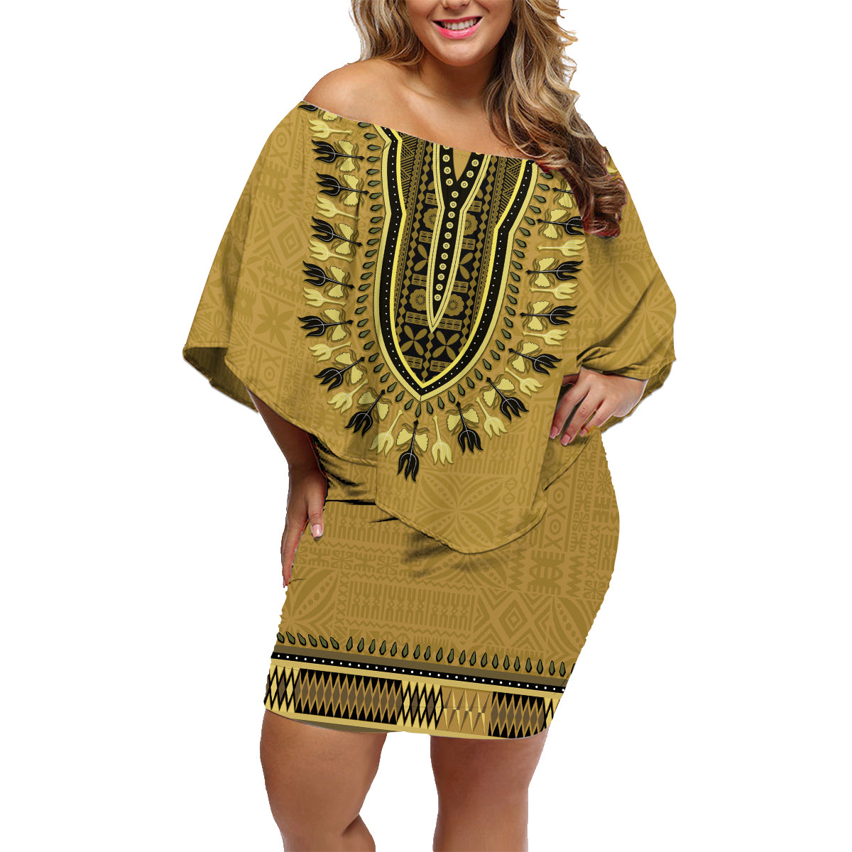 Gold African Dashiki With Fijian Tapa Pattern Family Matching Off Shoulder Short Dress and Hawaiian Shirt