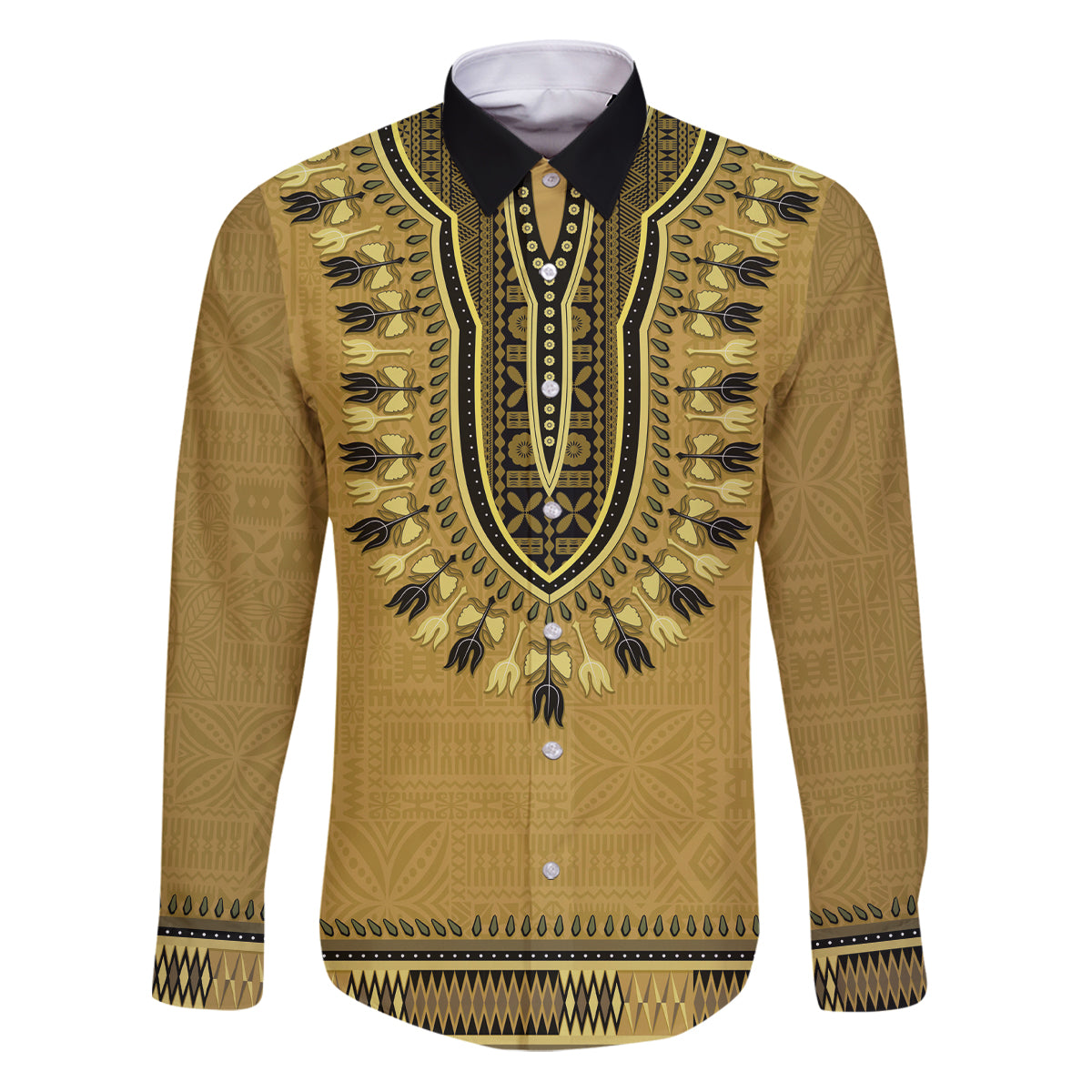 Gold African Dashiki With Fijian Tapa Pattern Family Matching Puletasi and Hawaiian Shirt LT14 Dad's Shirt - Long Sleeve Gold - Polynesian Pride