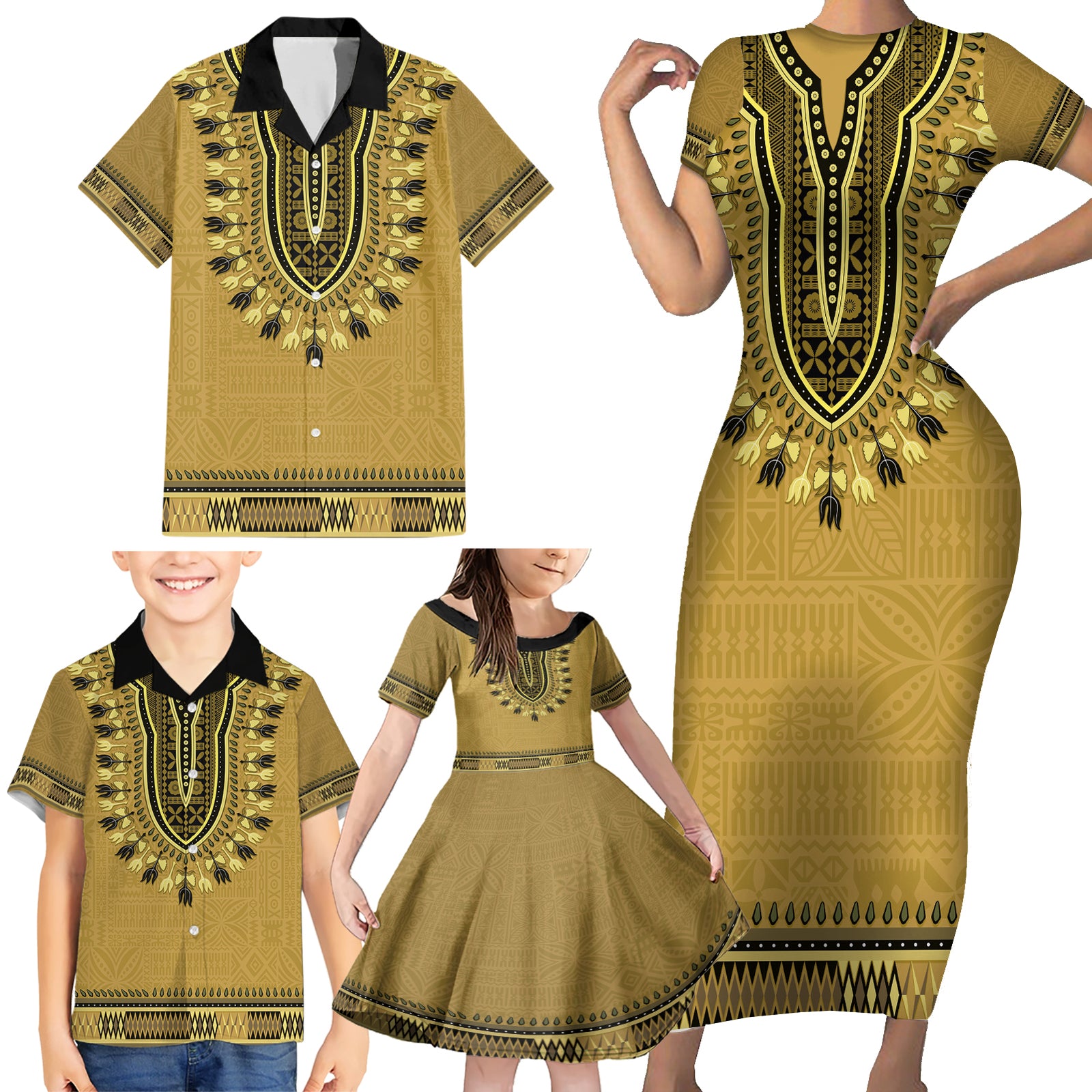 Gold African Dashiki With Fijian Tapa Pattern Family Matching Short Sleeve Bodycon Dress and Hawaiian Shirt LT14 - Polynesian Pride