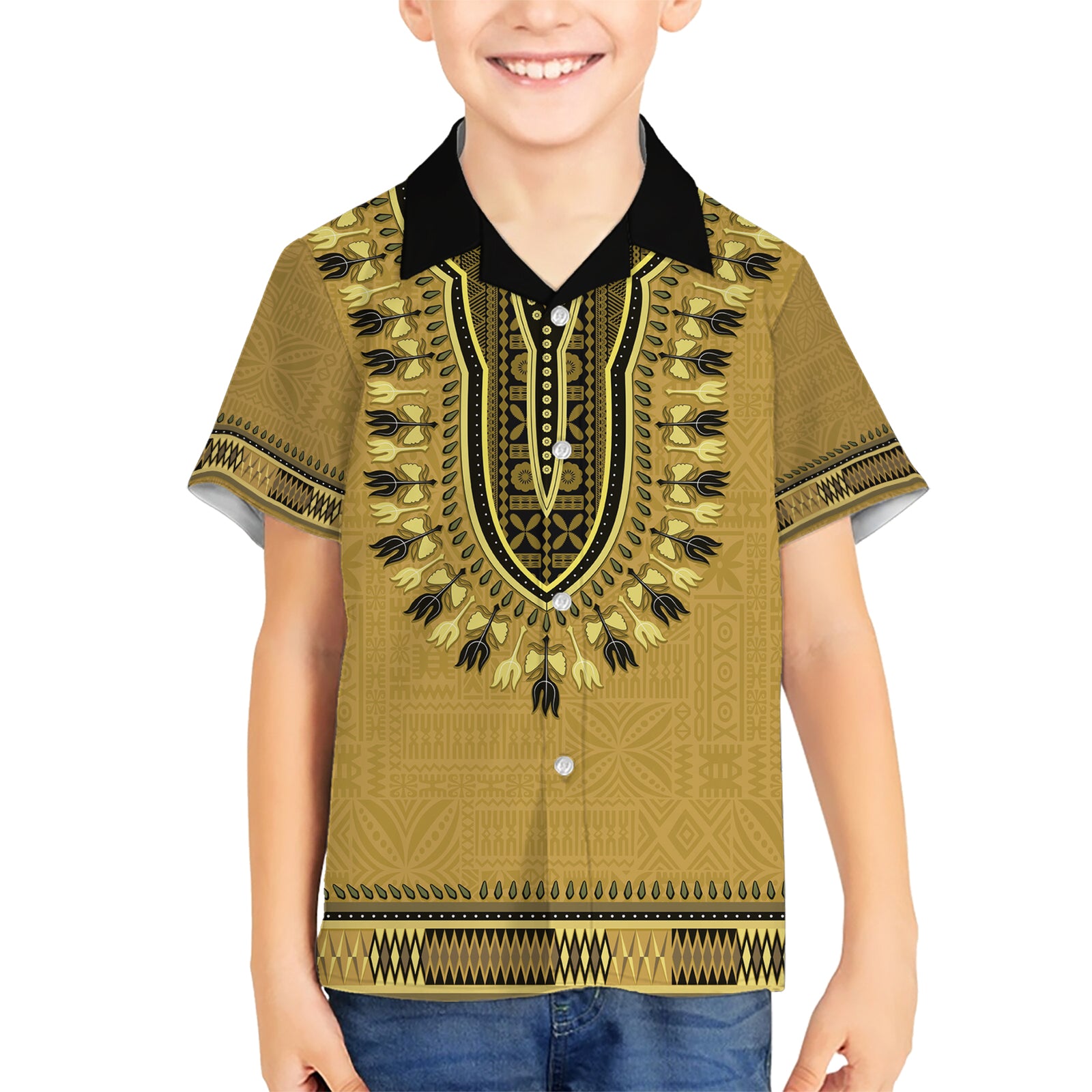Gold African Dashiki With Fijian Tapa Pattern Kid Hawaiian Shirt LT14 Kid Gold - Polynesian Pride