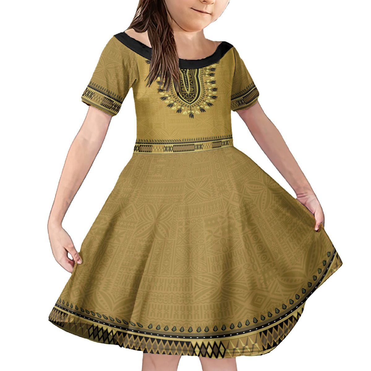 Gold African Dashiki With Fijian Tapa Pattern Kid Short Sleeve Dress LT14 KID Gold - Polynesian Pride