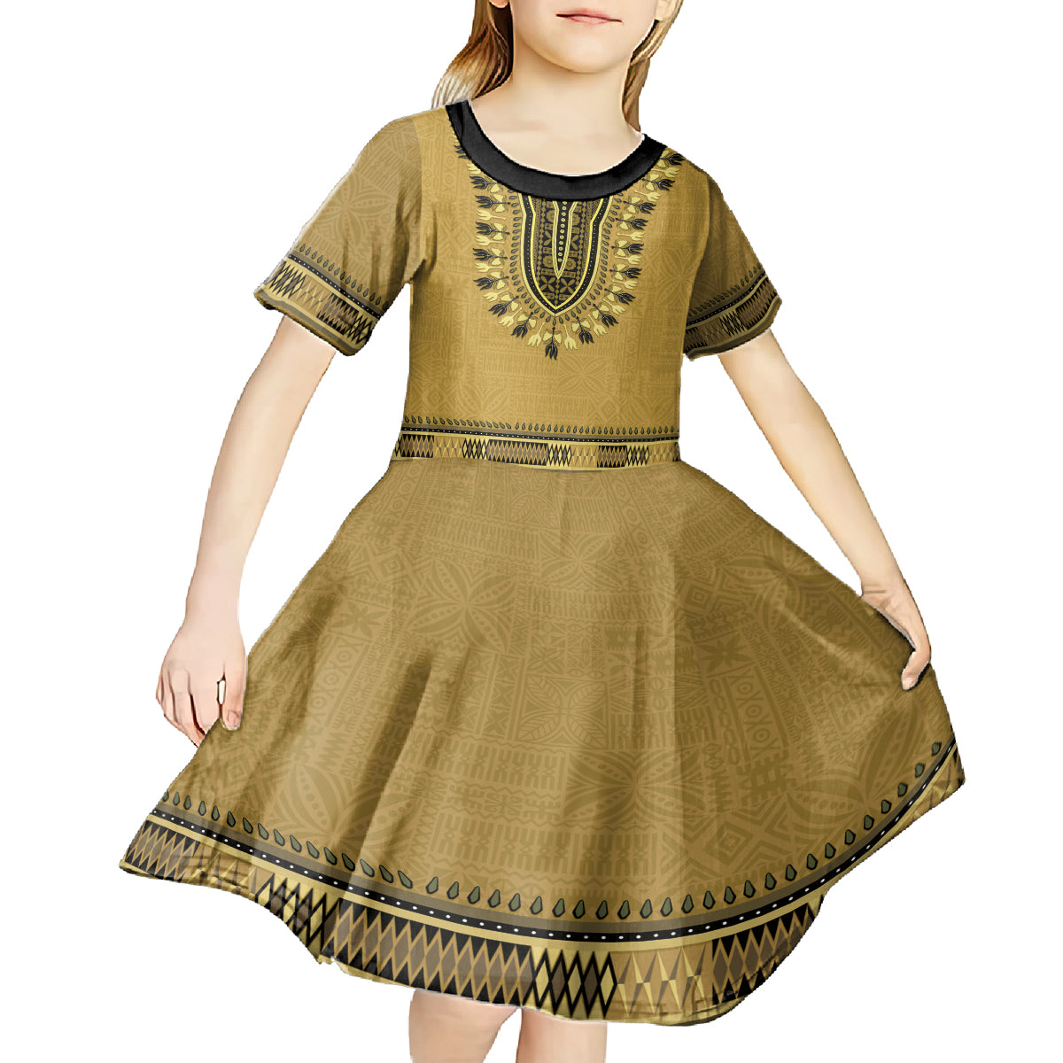 Gold African Dashiki With Fijian Tapa Pattern Kid Short Sleeve Dress