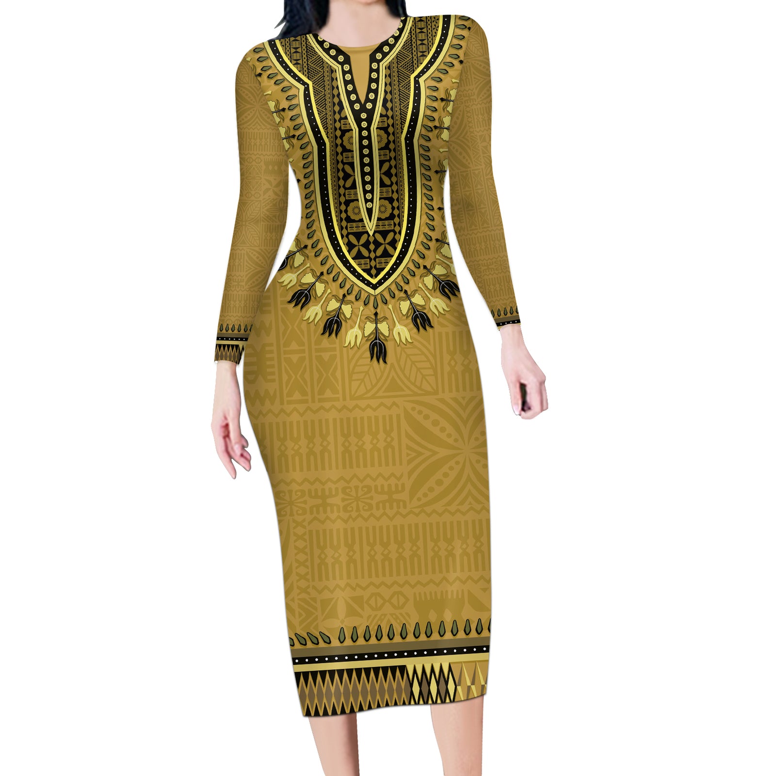 Gold African Dashiki With Fijian Tapa Pattern Long Sleeve Bodycon Dress LT14 Long Dress Gold - Polynesian Pride