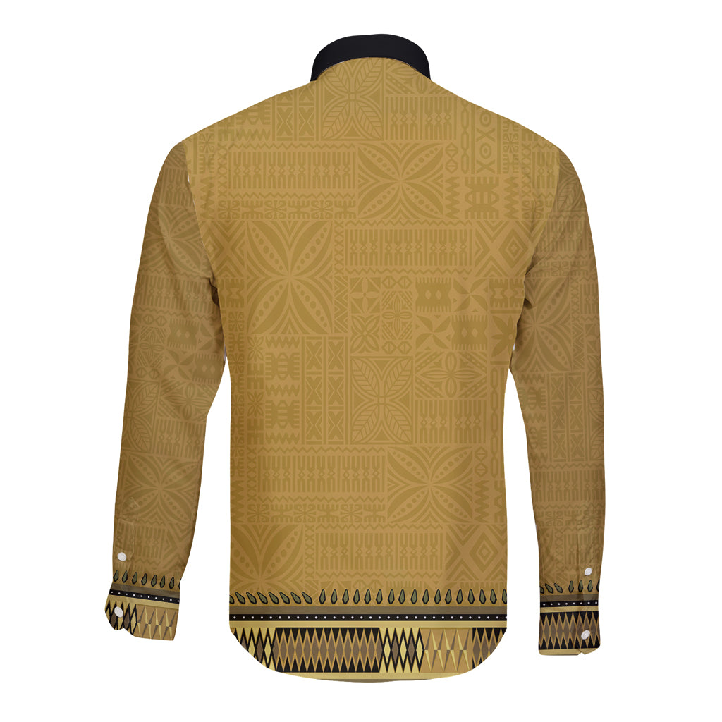 Gold African Dashiki With Fijian Tapa Pattern Long Sleeve Button Shirt