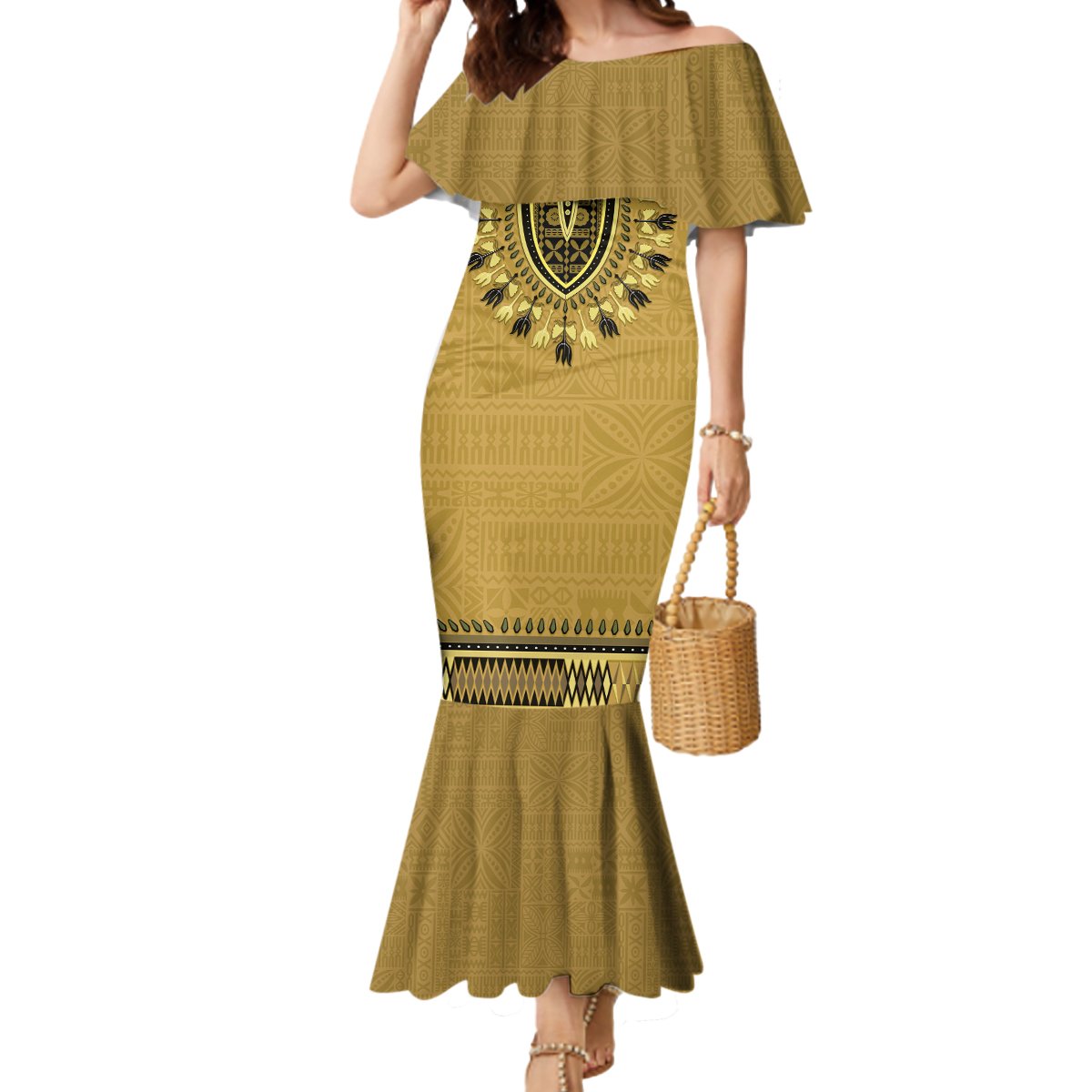 Gold African Dashiki With Fijian Tapa Pattern Mermaid Dress LT14 Women Gold - Polynesian Pride