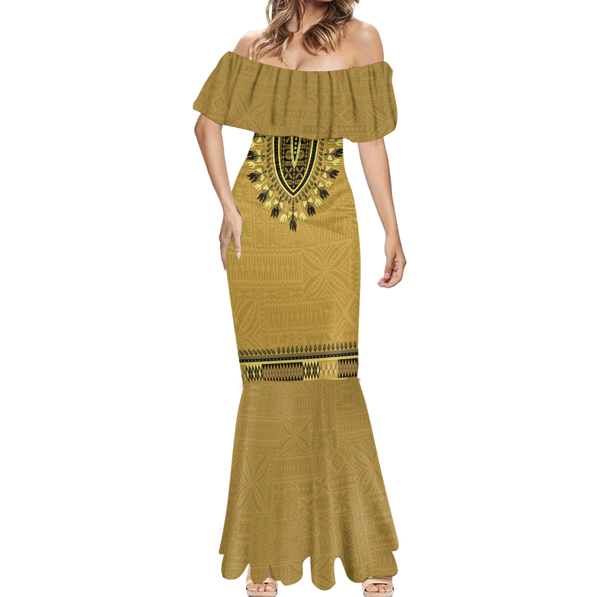 Gold African Dashiki With Fijian Tapa Pattern Mermaid Dress