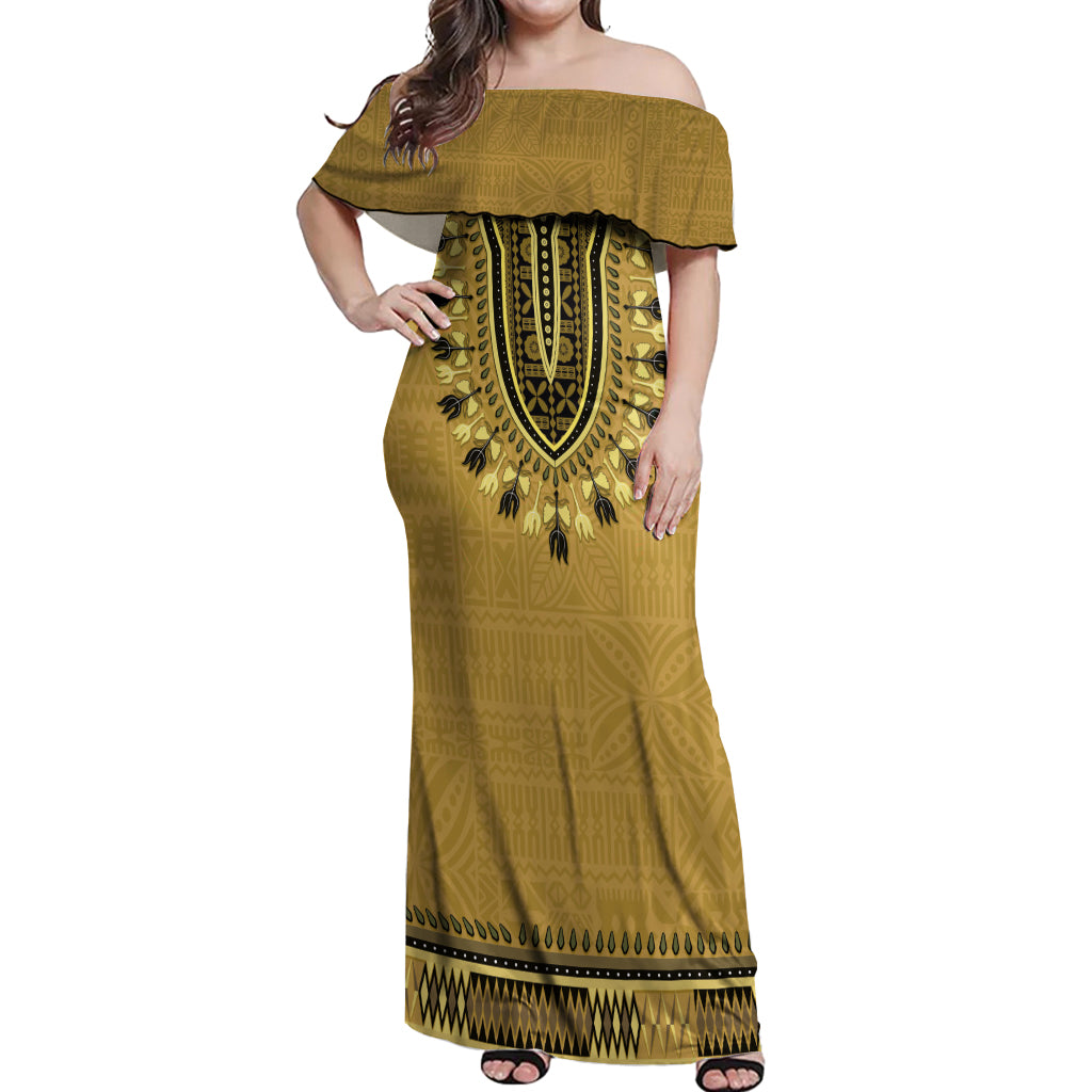 Gold African Dashiki With Fijian Tapa Pattern Off Shoulder Maxi Dress LT14 Women Gold - Polynesian Pride