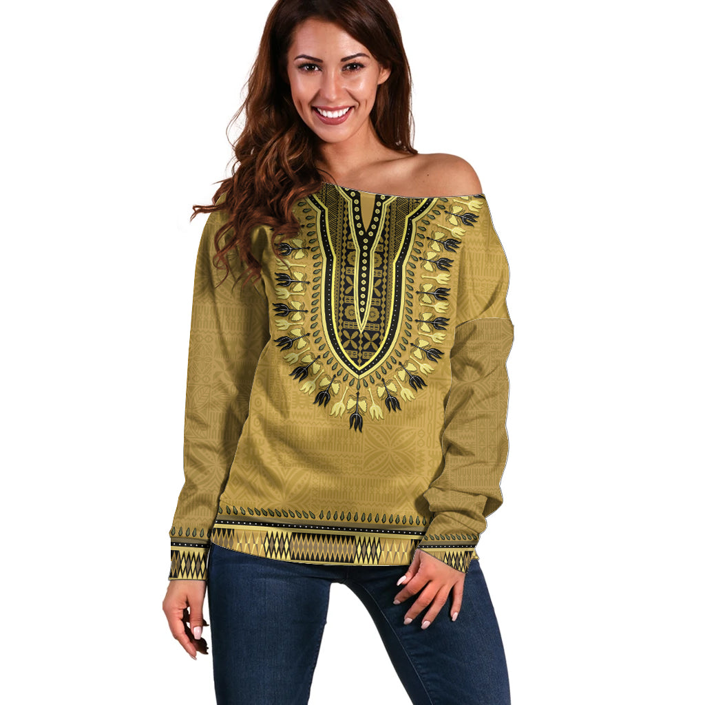 Gold African Dashiki With Fijian Tapa Pattern Off Shoulder Sweater LT14 Women Gold - Polynesian Pride