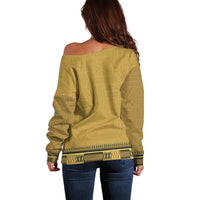 Gold African Dashiki With Fijian Tapa Pattern Off Shoulder Sweater