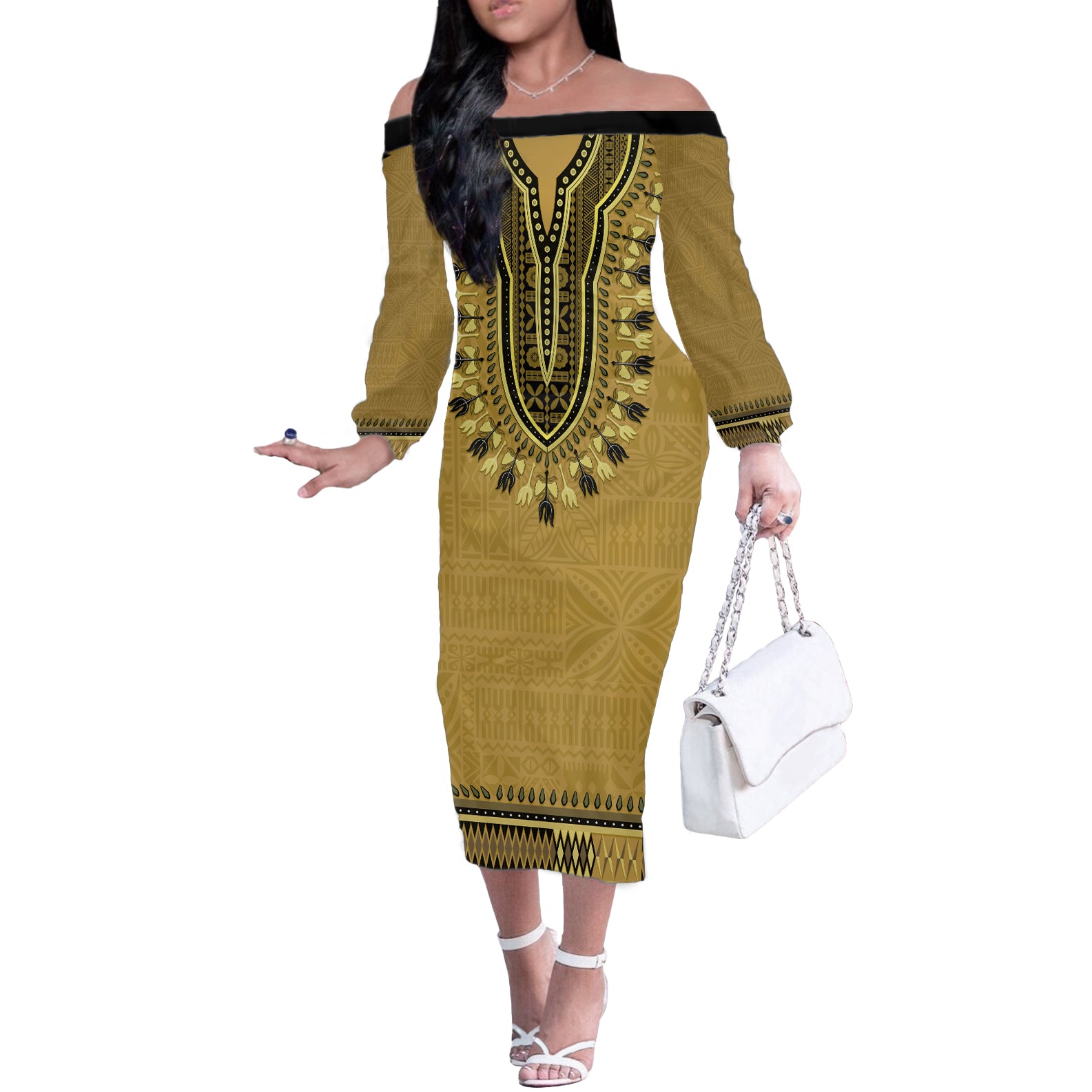 Gold African Dashiki With Fijian Tapa Pattern Off The Shoulder Long Sleeve Dress LT14 Women Gold - Polynesian Pride