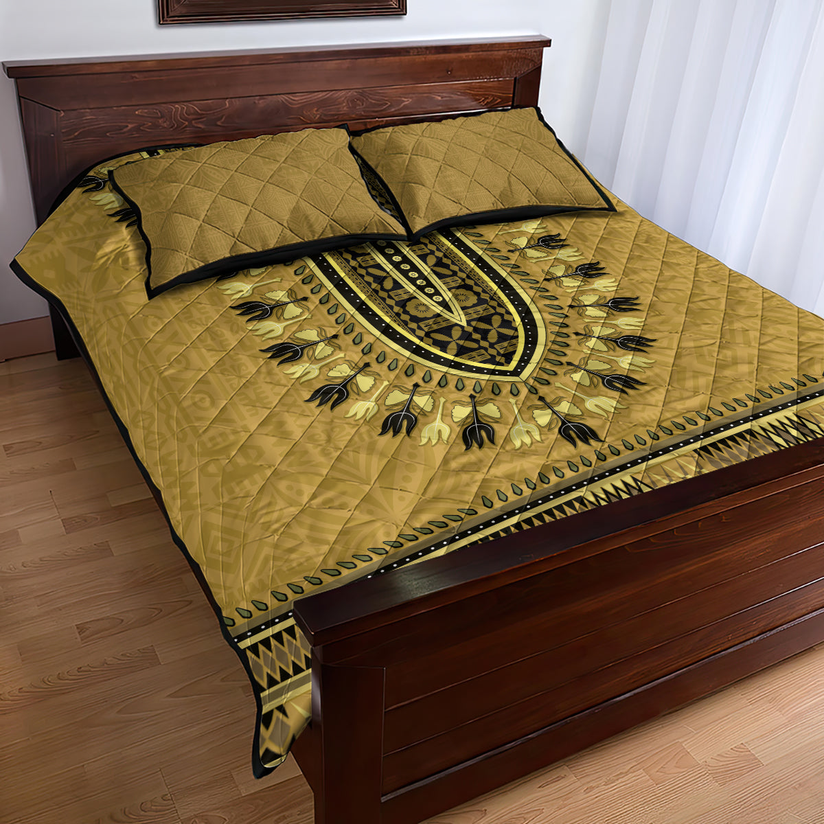Gold African Dashiki With Fijian Tapa Pattern Quilt Bed Set