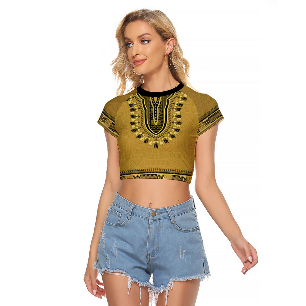 Gold African Dashiki With Fijian Tapa Pattern Raglan Cropped T Shirt