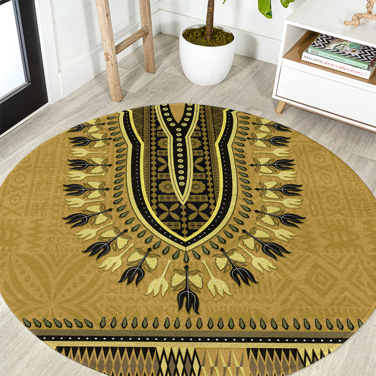 Gold African Dashiki With Fijian Tapa Pattern Round Carpet