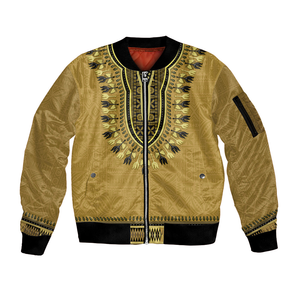 Gold African Dashiki With Fijian Tapa Pattern Sleeve Zip Bomber Jacket LT14 Unisex Gold - Polynesian Pride