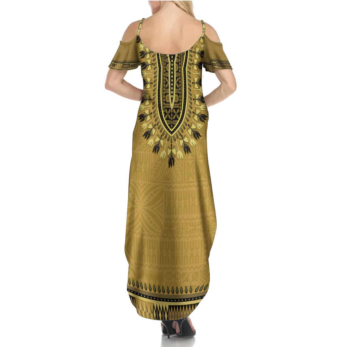 Gold African Dashiki With Fijian Tapa Pattern Summer Maxi Dress