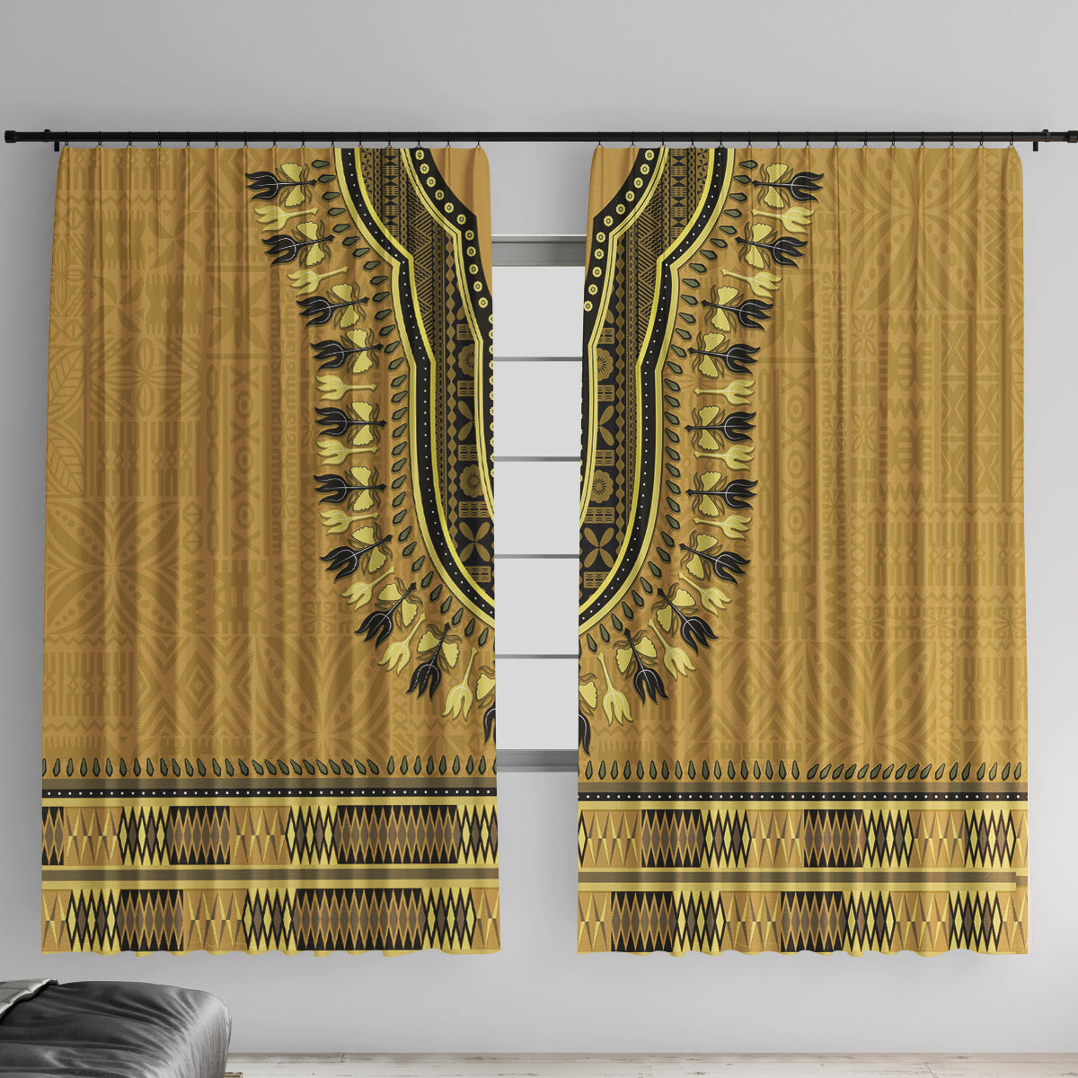 Gold African Dashiki With Fijian Tapa Pattern Window Curtain LT14 With Hooks Gold - Polynesian Pride