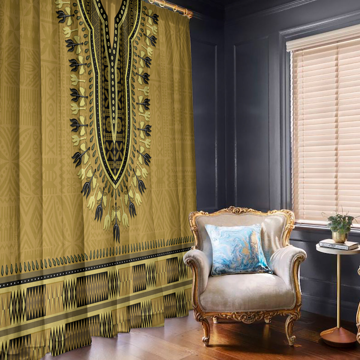 Gold African Dashiki With Fijian Tapa Pattern Window Curtain LT14 - Polynesian Pride