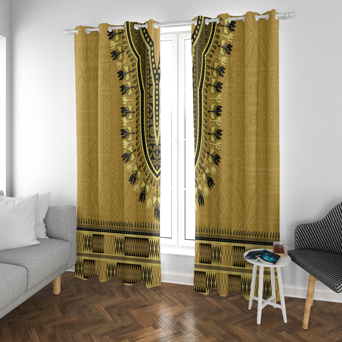 Gold African Dashiki With Fijian Tapa Pattern Window Curtain LT14 With Grommets Gold - Polynesian Pride