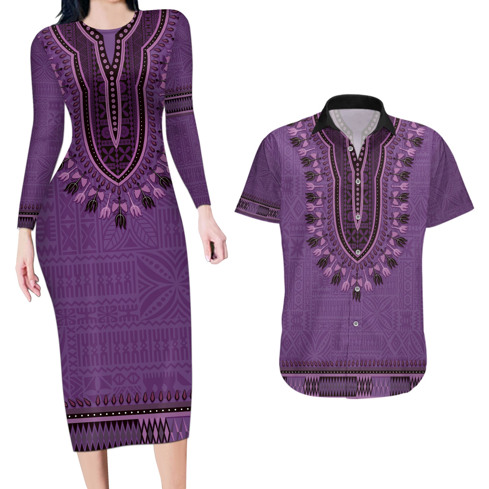 Purple African Dashiki With Fijian Tapa Pattern Couples Matching Long Sleeve Bodycon Dress and Hawaiian Shirt LT14 Purple - Polynesian Pride