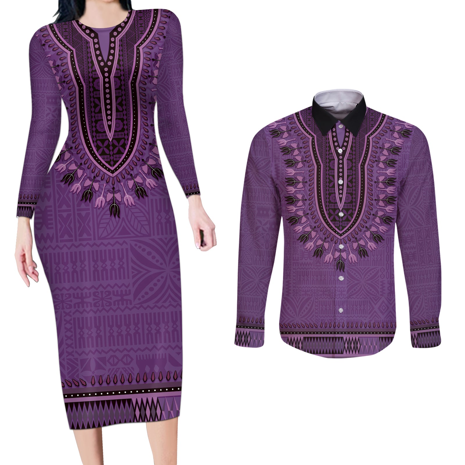 Purple African Dashiki With Fijian Tapa Pattern Couples Matching Long Sleeve Bodycon Dress and Long Sleeve Button Shirt LT14 Purple - Polynesian Pride